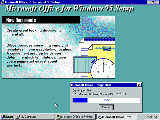 I like how Office 95 is so old that it still says it's copying from "Disk 1" even though this is a CD-ROM