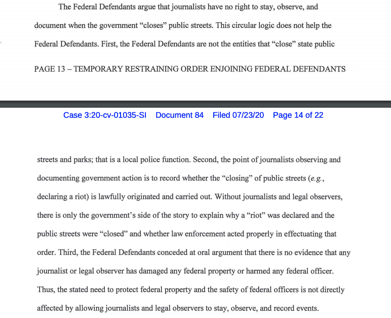 MikeScarcella's tweet photo. Oregon judge: "Without journalists and legal observers, there is only the government's side of the story to explain why a 'riot' was declared and the public streets were 'closed' and whether law enforcement acted properly in effectuating that order." https://t.co/ojv83d44iu https://t.co/C3m9O19R1j