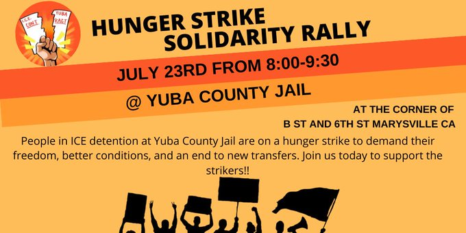 EstamosUnidos19's tweet photo. Immigrants in detention at Yuba County Jail have begun a hunger strike in coordination with the labor strike at Mesa Verde detention center. Join us at the jail at 8pm or call Sheriff Anderson to show our support for the strikers and help protect them from retaliation! https://t.co/SWyq4rJkQk
