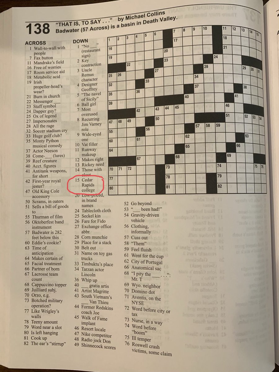 CoeXCTF's tweet photo. Shame on anyone who doesn’t get “15 down” correct! Pretty cool that one of the largest publishers of crossword puzzles feels Coe is well-known enough nationally for people all over the country to know the answer. #KohawkPride https://t.co/7KiMhqv0Ql