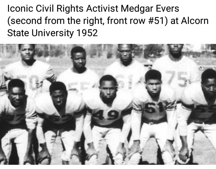 blackcollegenc's tweet photo. #TBT - Future Civil Rights activist, Medgar Evers, while a football player for then Alcorn A&amp;M College, now the Alcorn State University Braves!

🏈 💛 🏈 💜 🏈

#medgarevers #alcornstateuniversity #alcornstatebraves #blackcollegefootball #hbcufootball #swacfootball #hbcuthrowback https://t.co/Ca4RTuytO3