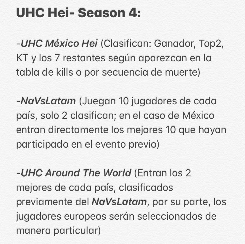 HeiUHC's tweet photo. Cronología UHC Hei: Temporada 4

Así se jugará, exclusivamente de 3 eventos constará. 🍂 https://t.co/2Q4H3MAHYe