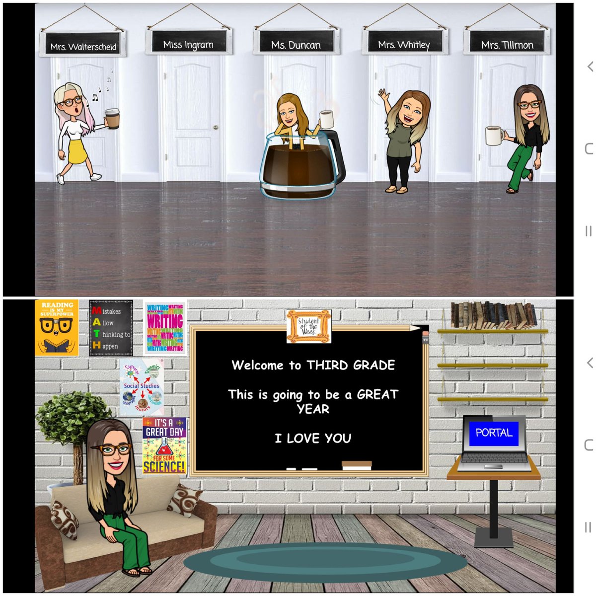 ChelsBels_3's tweet photo. Thirdies team working on virtual hallway and each door links to our virtual classrooms. We are currently decorating! Stay tuned for final product! @JCTElementary #bettertogether #TheLearningCafe https://t.co/FwQmhwS1JU