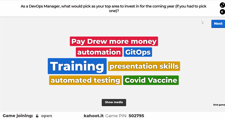 ColumbiaDev's tweet image. Super cool event where we interactively discussed "The Future of DevOps" using kahoot! Many thanks to Art and Aaron (and the usual gang of geeks/wanna-be-comedians)! #DevOps #FutureOfDevops