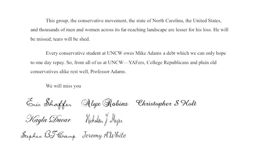 YAFUNCW's tweet photo. Today is a sad day at our little chapter. Our dear and beloved advisor and mentor, Mike Adams, has passed away. Below is our statement, YAF at UNCW will never be the same. https://t.co/el7xCjiud8
