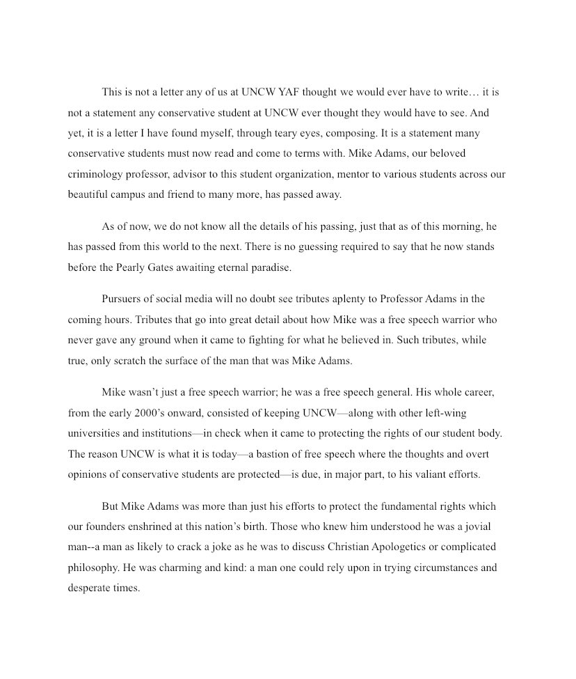 YAFUNCW's tweet photo. Today is a sad day at our little chapter. Our dear and beloved advisor and mentor, Mike Adams, has passed away. Below is our statement, YAF at UNCW will never be the same. https://t.co/el7xCjiud8
