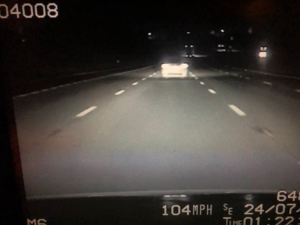 LancsRoadPolice's tweet photo. This driver on the M6 at Preston was in such a hurry to get home from work they failed to notice the fully marked police vehicle that had been behind them for several miles. Driver reported for excessive speed. Please slow down. #Fatal5. #T2TacOps. #HO58. https://t.co/81Mxq2Qs9u