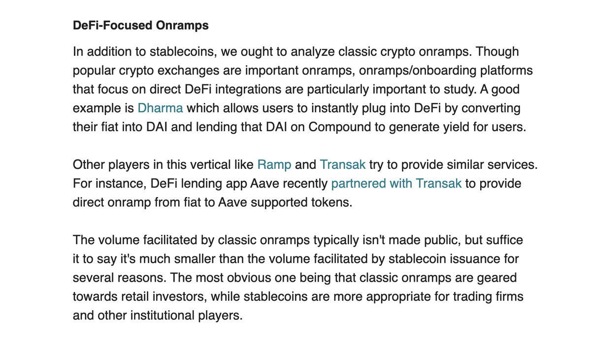 8/ Is Yield Farming bringing new users to DeFi?The most obvious one being that classic onramps are geared towards retail investors, while stablecoins are more appropriate for trading firms and other institutional players.