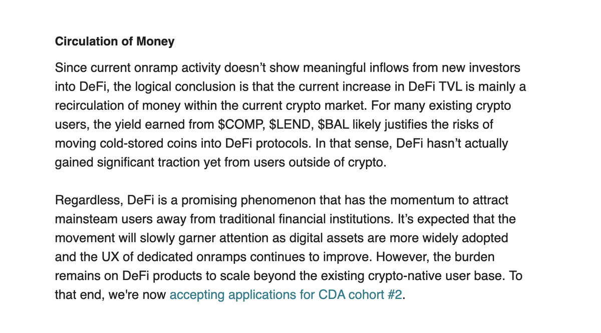10/ Is Yield Farming bringing new users to DeFi?For many existing crypto users, the yield earned from  $COMP,  $LEND,  $BAL likely justifies the risks of moving cold-stored coins into DeFi protocols