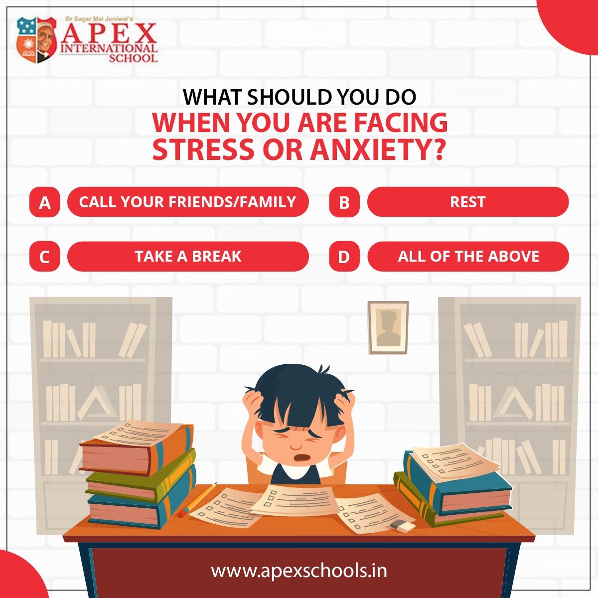 apexINTschool's tweet photo. The answer is, D) All of the above. Try to do all these things when facing stress, anxiety or any kind of pressure. Being a student is hard.
Communicate to make it easy!
#stress #copingup #stressfree #mentalhealth #emotionalhealth https://t.co/XYg64yTnSQ