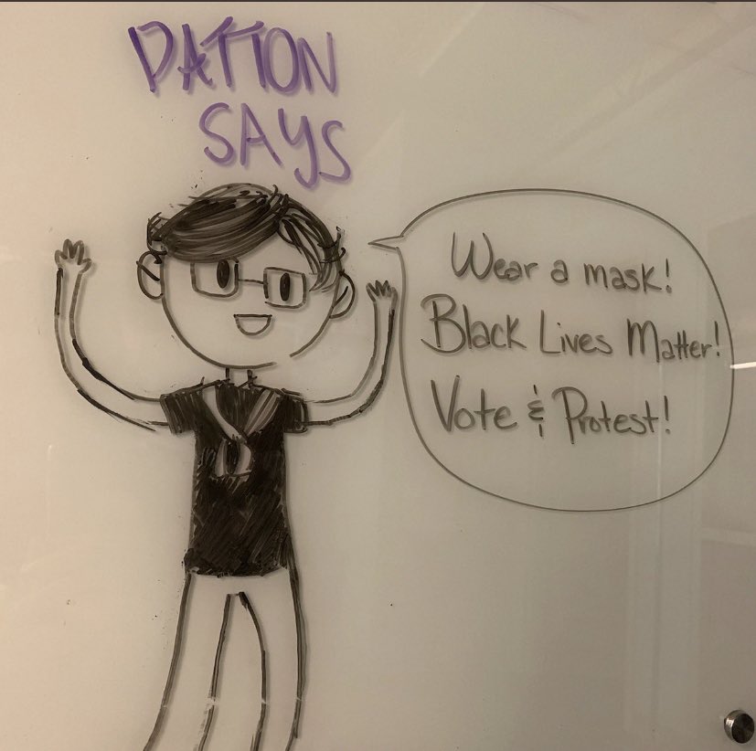 PotatoCookie4's tweet image. 🍪🤓Patton Says💜🐶
Decided to make some art for the white board boi
Couldn’t let him go with being a hypocrite so it was needed for a mask addition!! Ahaha! @ThomasSanders