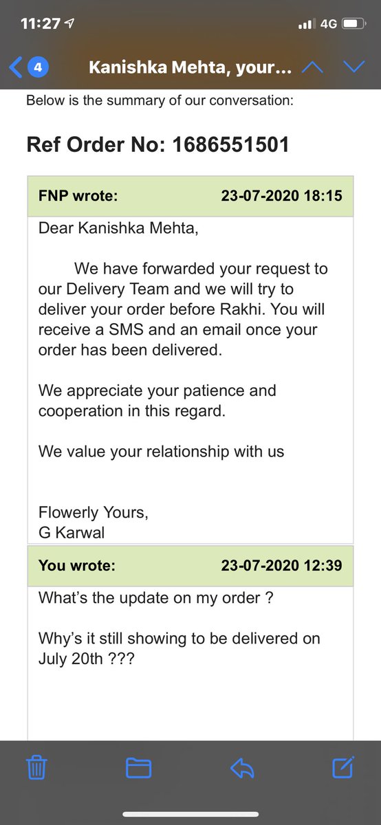 Received this email from you guys stating you will “try” to deliver before Rakhi ? What the hell does that mean ? Why was I made to choose a date for delivery ? <a href="/FernsNPetals/">ferns</a>  I would like a reply with the correct date of delivery !!!