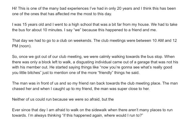 catcallsofict's tweet image. Stories like this should never happen to anyone #stopstreetharassment

A nadie le debería de pasar una historia como ésta #bastaalacosocallejero