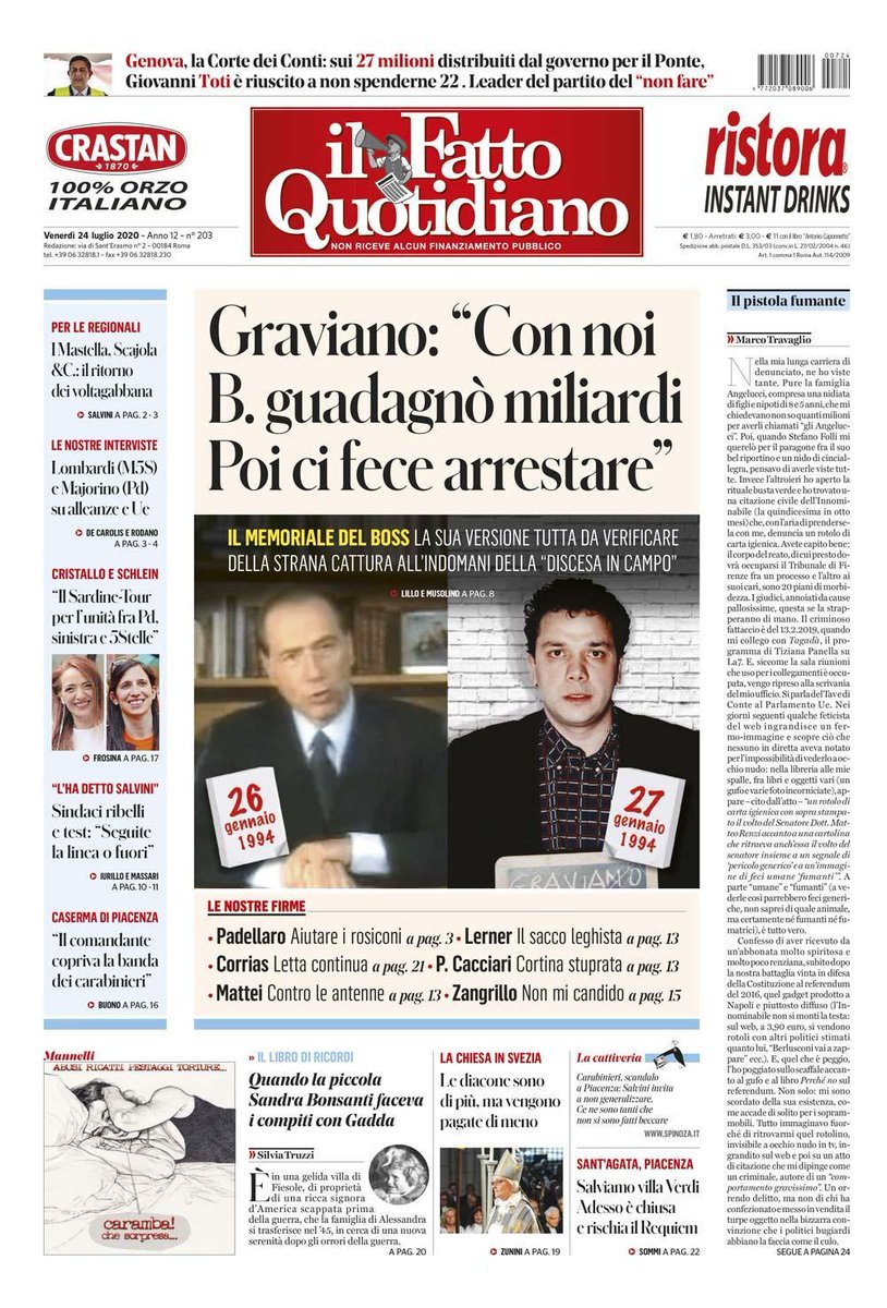 Il Fatto Quotidiano Sur Twitter Prima Pagina Di Oggi Graviano Con Noi B Guadagno Miliardi Poi Ci Fece Arrestare Leggi T Co Hdml9trubq Fattoquotidiano Edicola 24luglio T Co Ufi54ges44