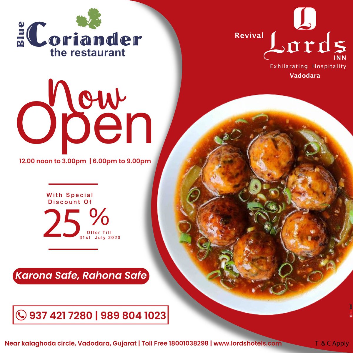 revivallordsho1's tweet photo. Now Open #BlueCoriander with Special Discount of 25% off #Offer Till 31st July'20
--
#nowopen #bluecoriander #revivallordsinnvadodara #Karona_safe #rahona_safe #lordshotelsnresort #LordsHotels #TrueValueHotels #mybaroda #yokemate #yokemateteam #yokematehardik #tapaspandya https://t.co/COkUPsJhi1