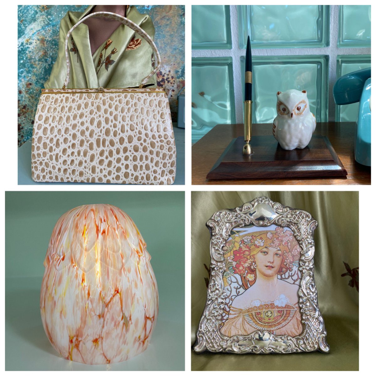 Phoenixvintage1's tweet photo. 🎶These are some of my favourite things 🎶 All in my Etsy shop! #phoenixvintageshopuk #ackeryhandbag #leatherkellybay #vintagepenholder #owldecor #artdecolampshade #marbledglass #johnbullsilver #vintagesilver https://t.co/m9L908pnIk