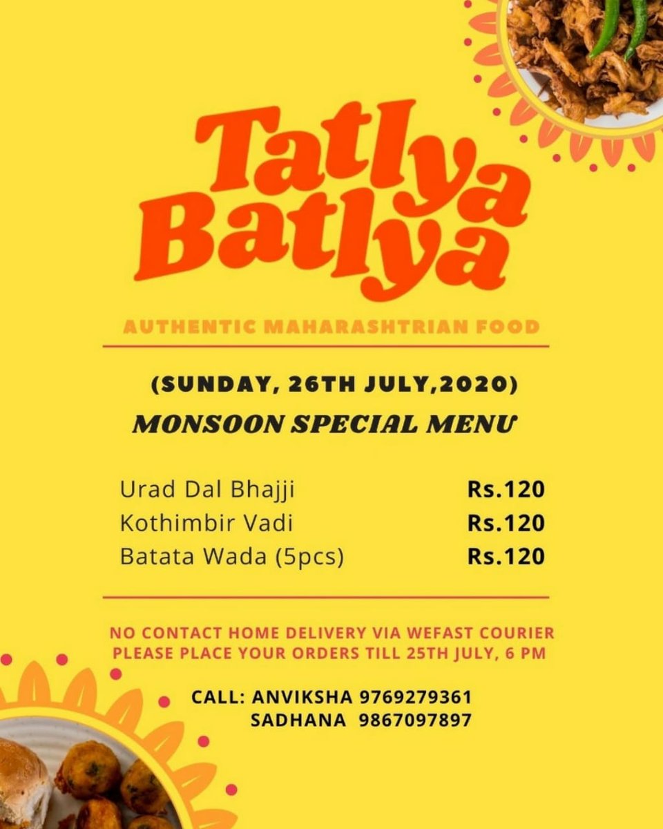 For Maharashtrian food, check out Tatlya Batlya in Juhu. Delivery across Mumbai. Recco from  @ank_mone