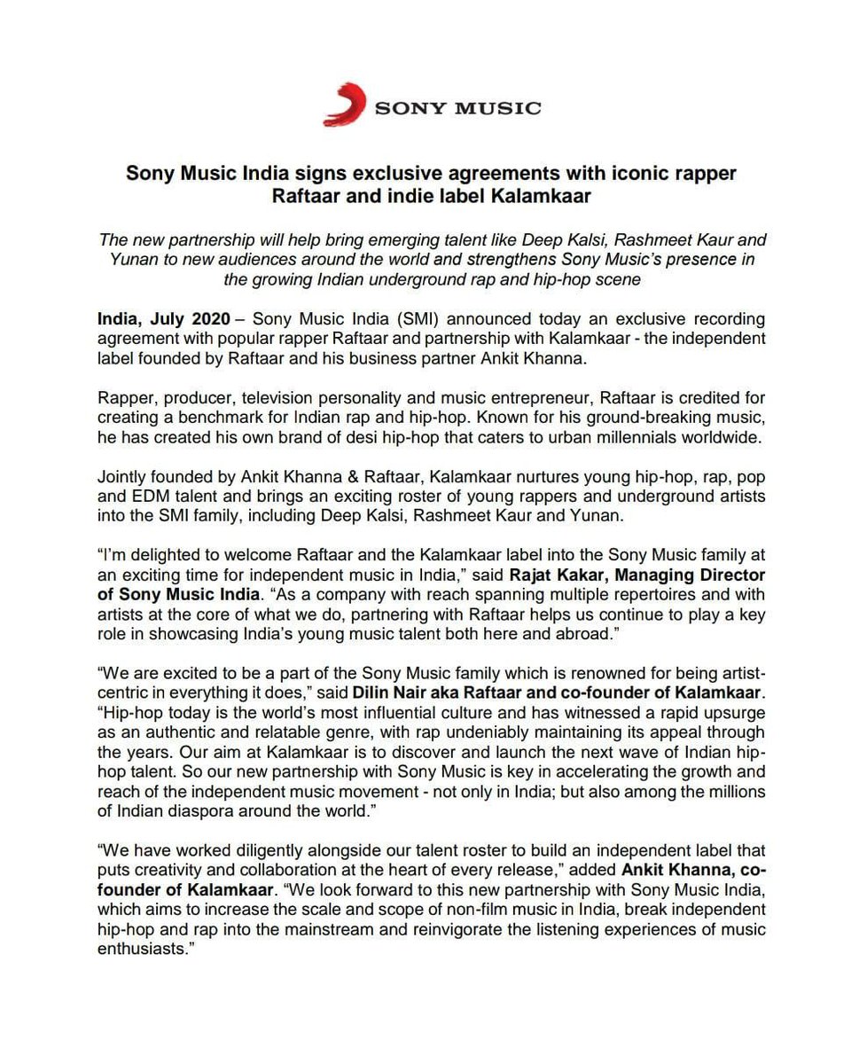 downtownmirror's tweet photo. Sony Music India signs exclusive recording agreement with iconic rapper Raftaar and indie label Kalamkaar

@sonymusicindia  @raftaarmusic @treeshulmedia @MandviSharma 

#Kalamkaar #Raftaar #sonymisicindia #DowntownMirror #Magazine #rapper #music #desihiphop #hiphop #rapmusic #rap https://t.co/xJnY7uZTr2
