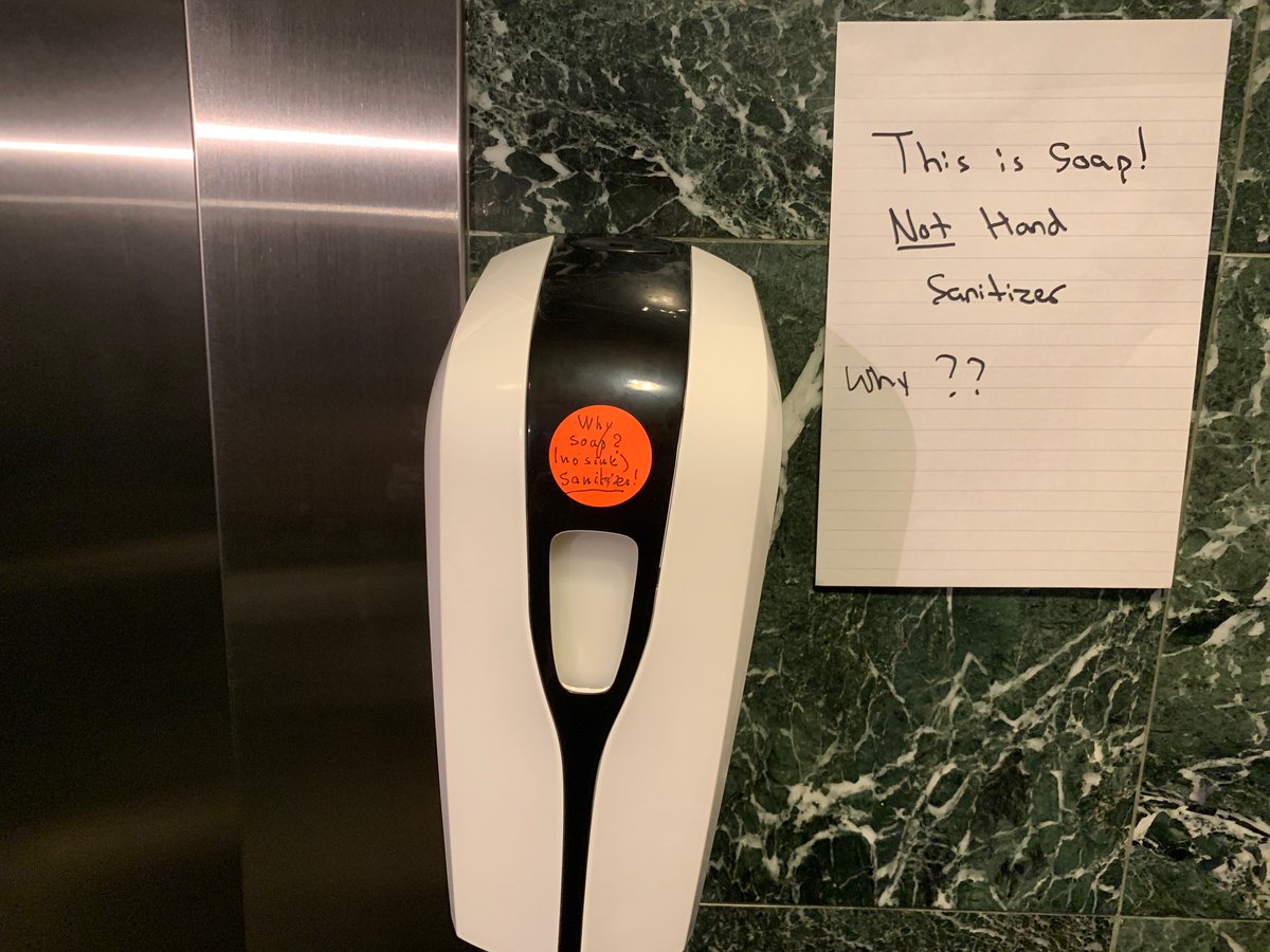 ChipDuckett's tweet image. My building decided to install hand sanitizer by the elevator in the lobby. Except, oops, it is liquid soap. #CovidFail