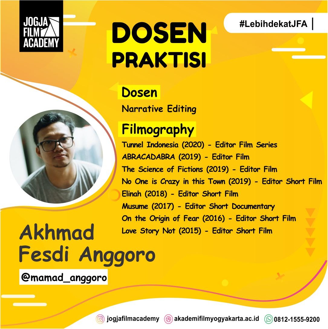 jogjafilmac's tweet photo. Siapa dia? Nama lengkapnya Akhmad Fesdi Anggoro atau lebih dikenal dengan @mamad_anggoro 🤩
Tahun 2005, ia mengawali karir di bidang audio visual sebagai motion graphic animator dan visual effect artist hingga akhirnya memutuskan untuk menjadi editor film. Bersambung... https://t.co/qQhr8Jaqnk