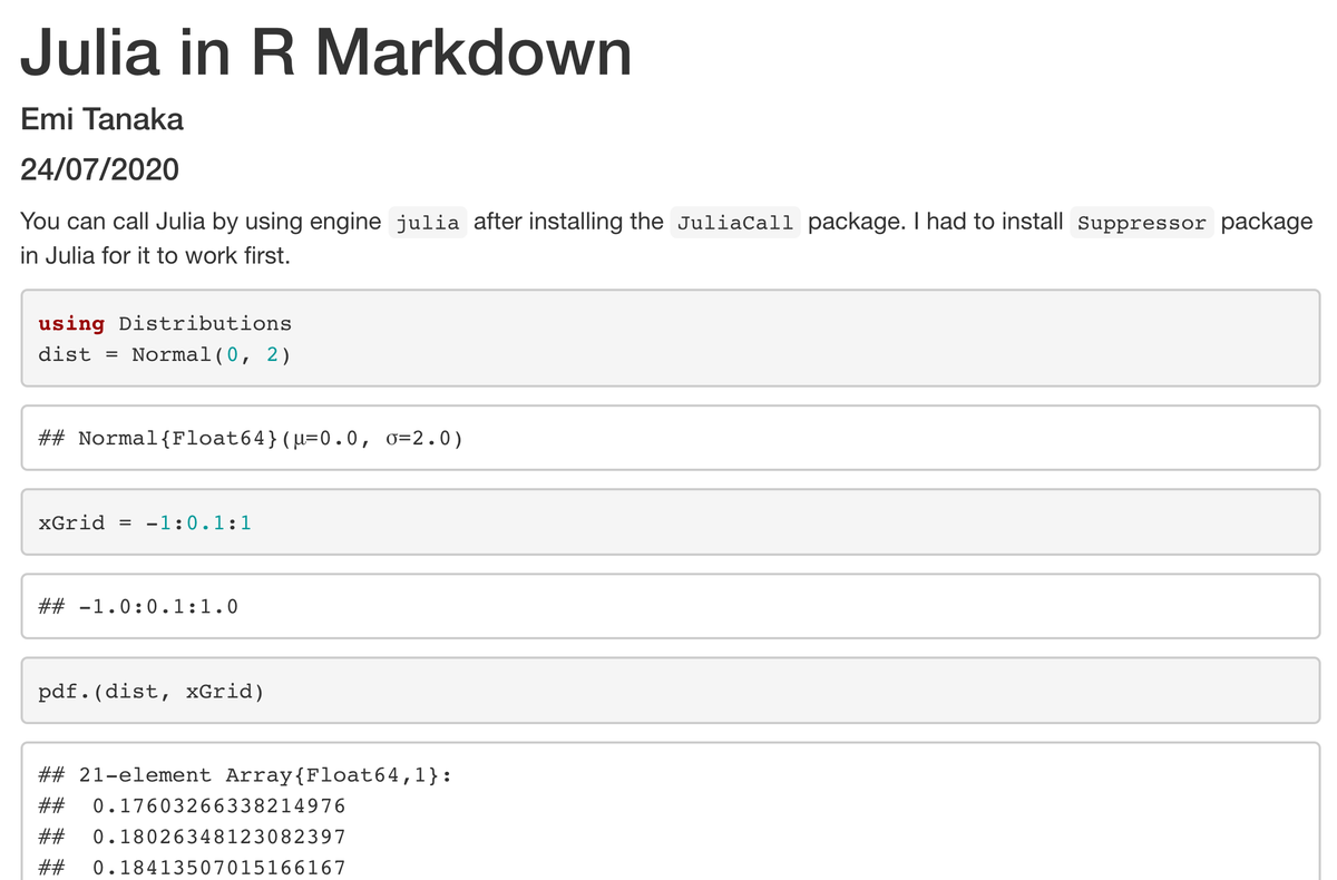 Finished day 1 of learning #julialang from <a href="/ynazarathy/">Yoni Nazarathy</a> 👩‍💻
And for myself, I have to check that Julia works with #rmarkdown (it does!)