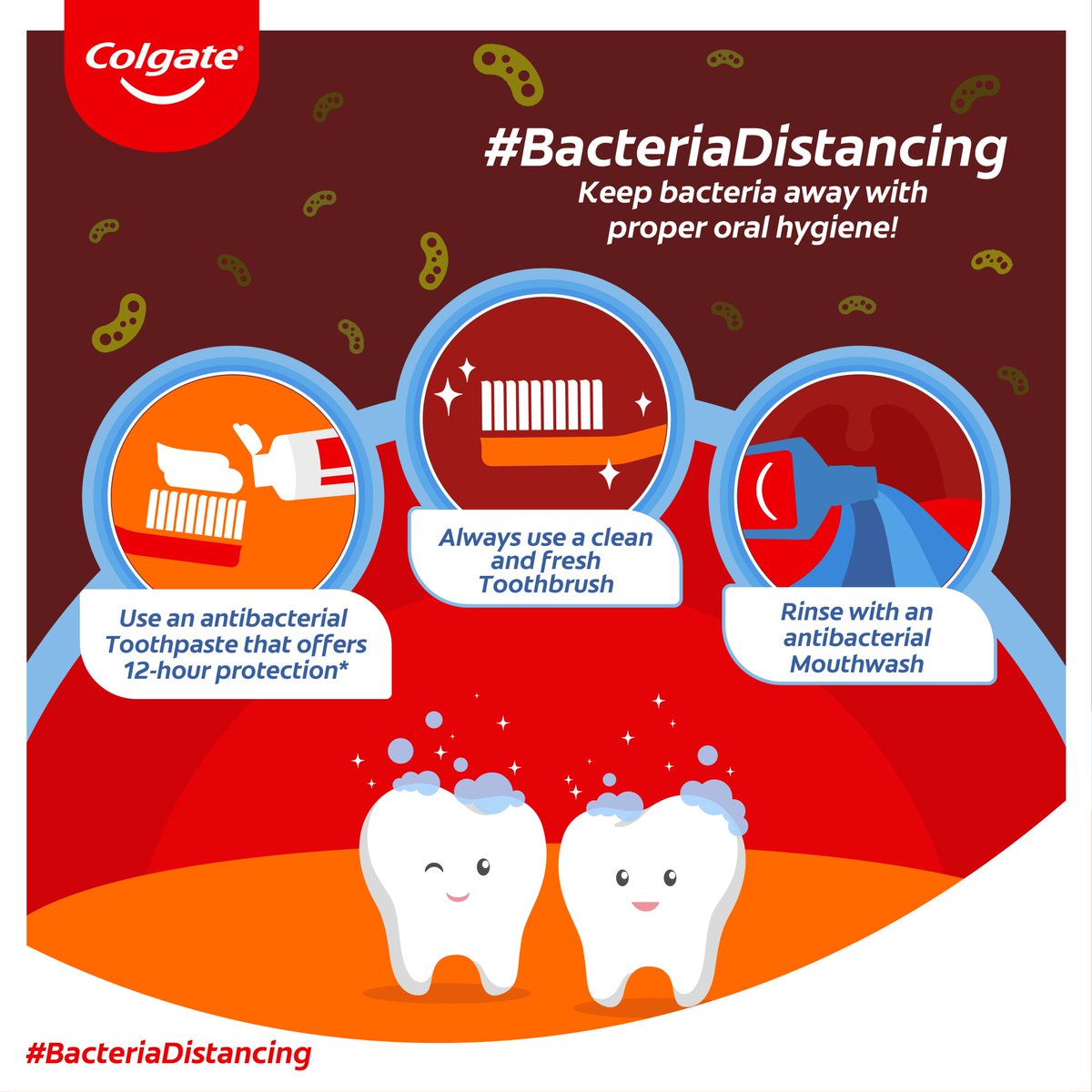ColgatePH's tweet photo. As we all do our best to stay healthy and protected, remember to include proper oral care habits in your daily routine. Practice #BacteriaDistancing in 3 simple steps! https://t.co/c0ICj3EVkp