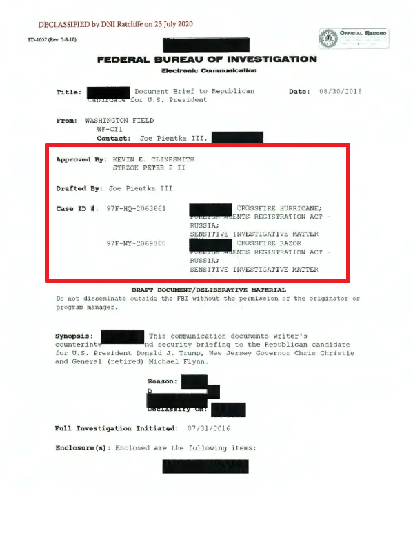 First, the document reveals that supposed fake "defensive briefing" of the Trump campaign in August 2016 was really an investigative tool set up by the FBI's Crossfire Hurricane team to entrap Trump and his associates.Strzok, Clinesmith and Pientka never mention Page or PapaD.