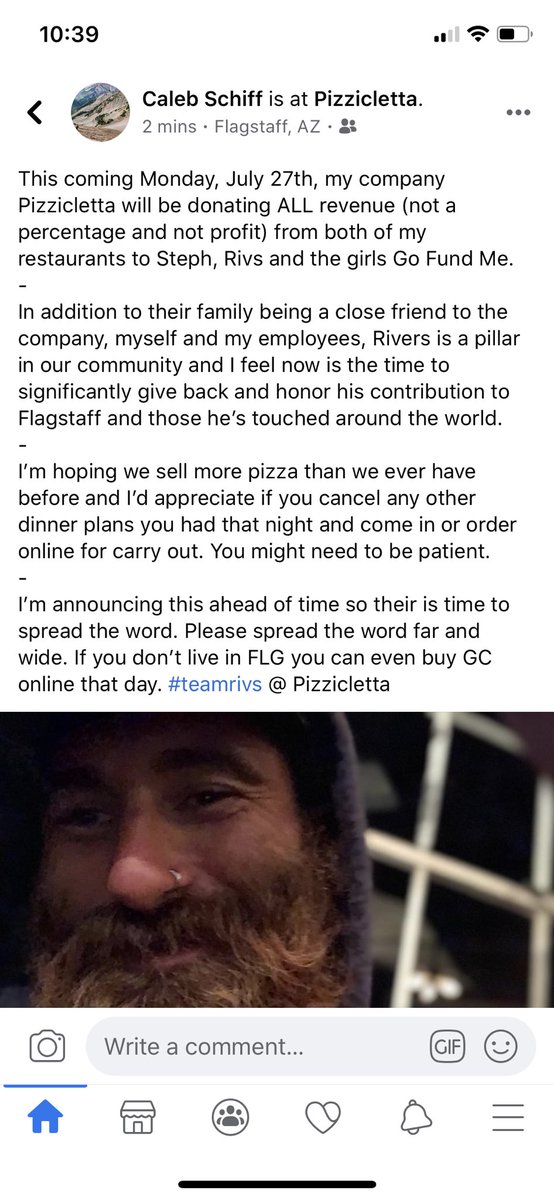 Friends in Flagstaff: <a href="/pizzicletta/">Caleb Schiff</a> is donating ALL revenue on Monday July 27th to <a href="/tommy_rivs/">@tommy_rivs</a>’ GoFundMe. 

All you have to do is go eat (amazingly delicious) 🍕 and you’ll be supporting an amazing family during a very dark time. 

That’s it. Go eat pizza! (And 😷) #teamrivs