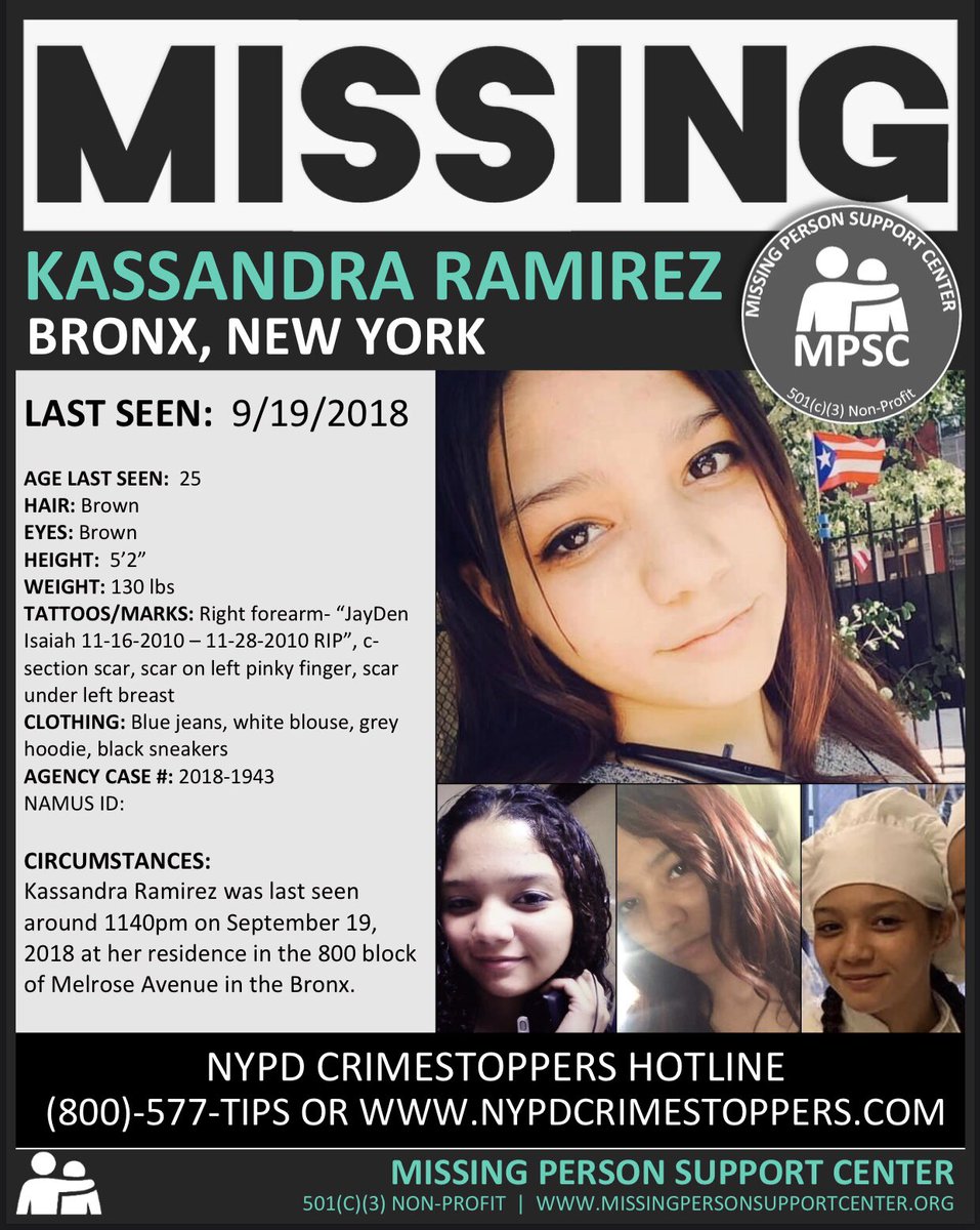 mpsupportcenter's tweet photo. •••MISSING IN NEW YORK•••
KASSANDRA RAMIREZ- Bronx, NY
Last Seen- 9/19/2018
#Missing #MissingPerson #EveryOneCounts #MPSC  #NewYork #Bronx #FindKassandra https://t.co/RhL3ZoLnjH https://t.co/cO4CyFF6A1