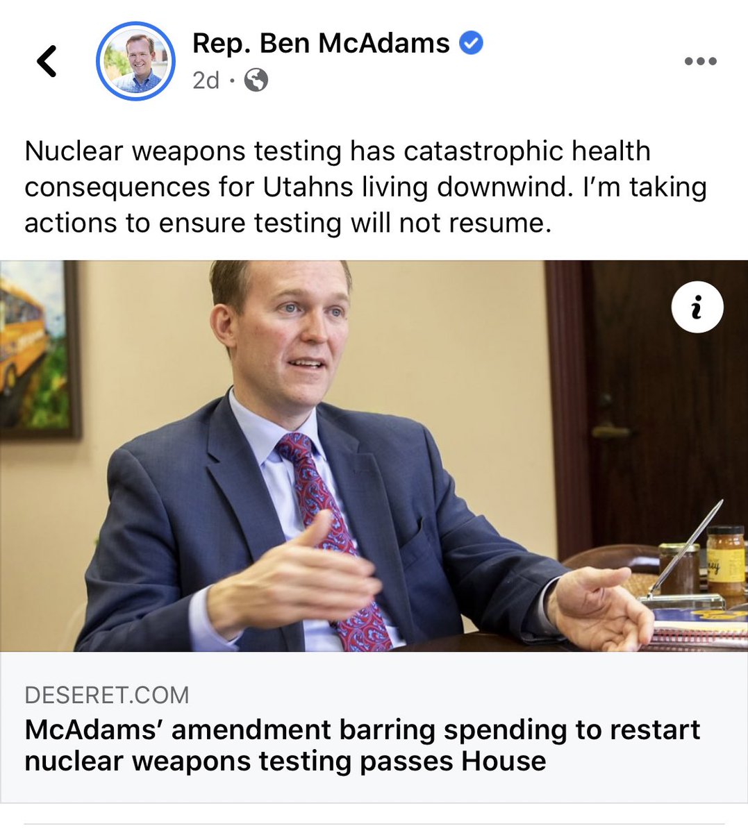 DOWNWINDERS: While McAdams leads on blocking new government testing of nuclear weapons, Stewart inexplicably votes no, again failing his constituents, many of them Downwinders & their families.  #Downwinders