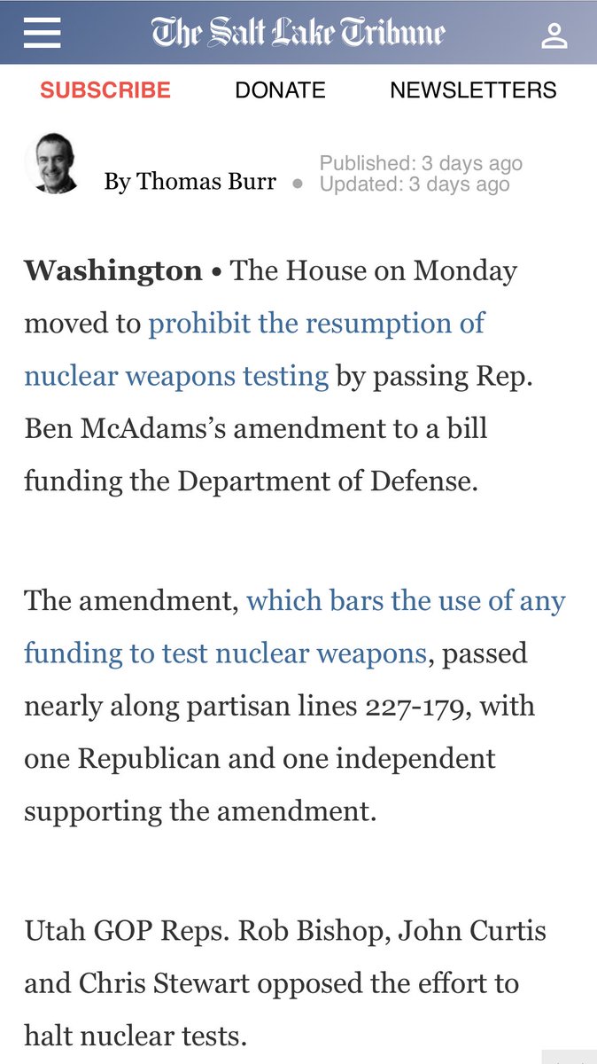 DOWNWINDERS: While McAdams leads on blocking new government testing of nuclear weapons, Stewart inexplicably votes no, again failing his constituents, many of them Downwinders & their families.  #Downwinders