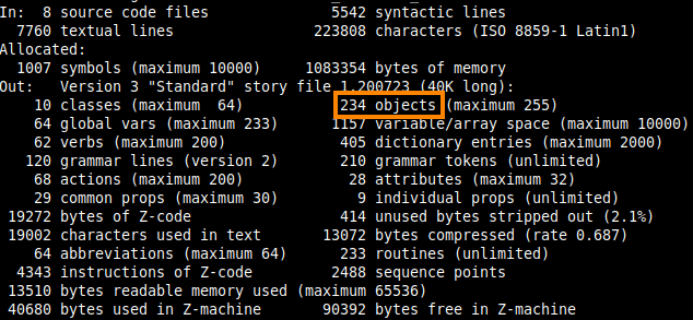 hlabrande's tweet photo. Technical success of the last few days: after defeating 1 Puny bug and 1 compiler bug, I managed to transform 10 objects into 1 *and* save 320 bytes. This frees up more room for the game, huzzah! #inform6 #punyinform https://t.co/TC1y5rVFdC