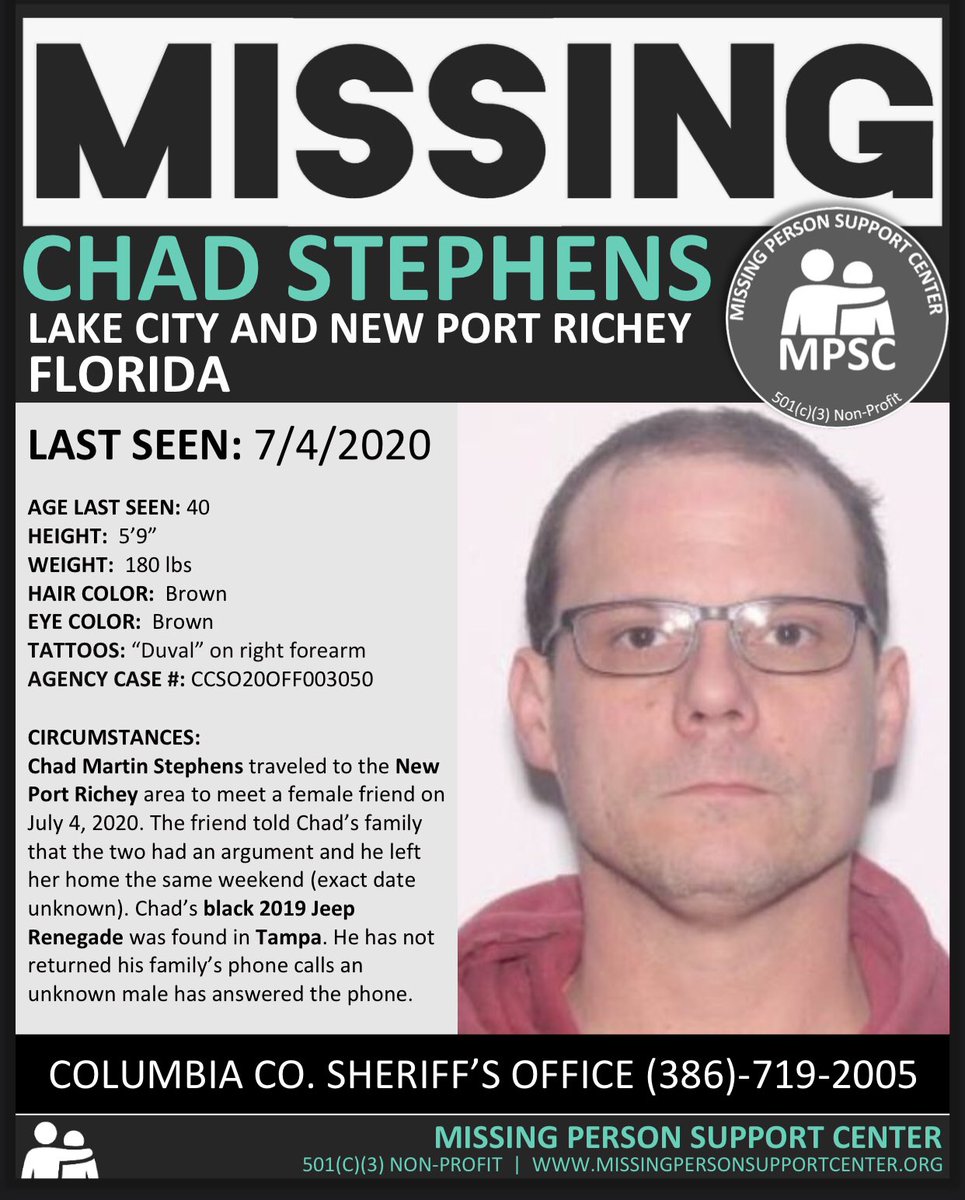 mpsupportcenter's tweet photo. •••MISSING IN FLORIDA•••
CHAD STEPHENS- Lake City &amp; New Port Richey, FL
Last Seen- 7/4/2020 
#Missing #MissingPerson #EveryOneCounts #MPSC  #Florida #NewPortRichey #LakeCity #Pasco #Tampa https://t.co/FPHmcbaPfU https://t.co/sevLdRdQaS