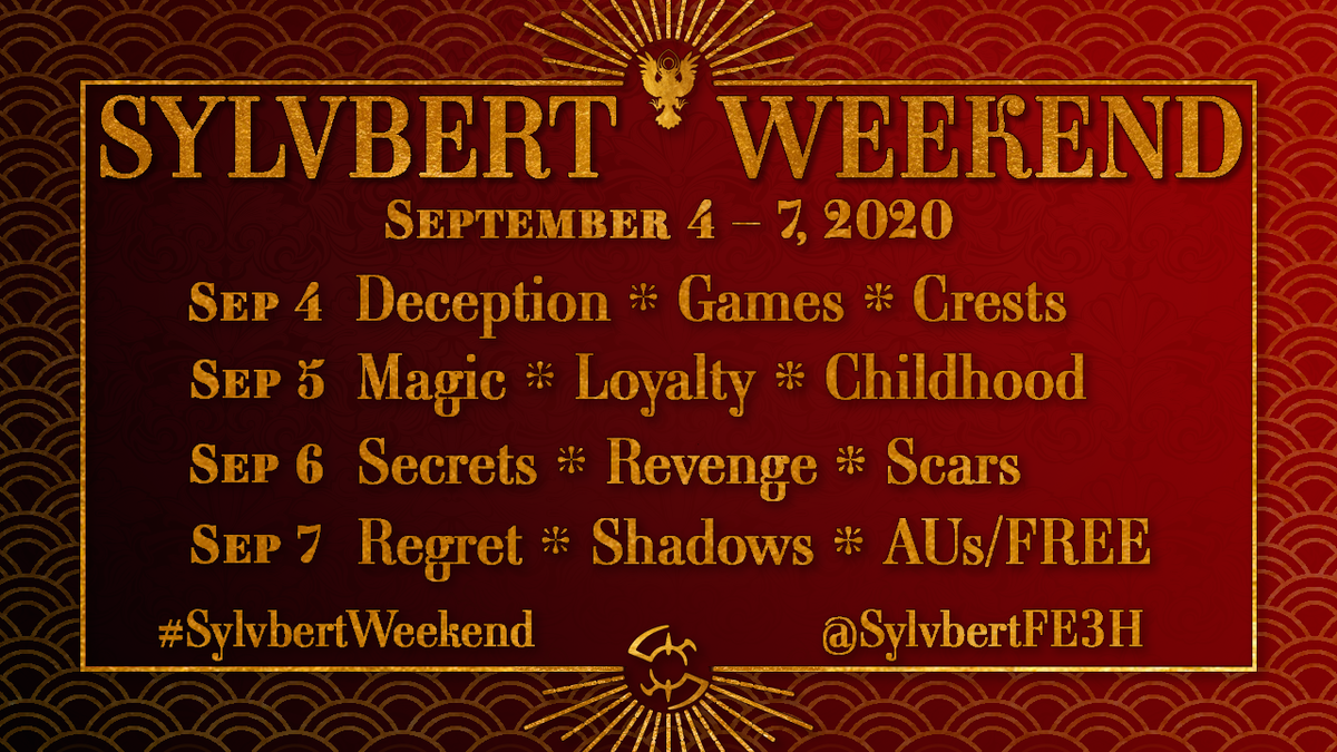 SylvbertFE3H's tweet photo. [RTs=🖤❤️!]
The #SylvbertWeekend prompts are here! Sylvbert Weekend will run from September 4 through September 7, 2020. For more information, please see our carrd: https://t.co/dgZQeLYuM4

#sylvbert #huvain #sylbert #hubertvonvestra #sylvainjosegautier #hubert #sylvain #fe3h https://t.co/TrYeesZd8T