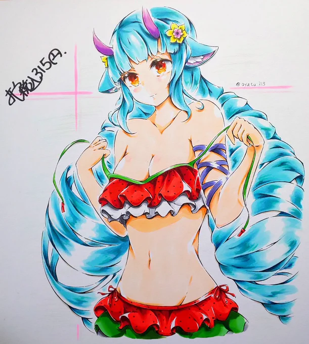 お絵描き投稿✨
デルミンのスイカ いろいろ美味しそう? 人気のいないビーチで色々したい。
#コンパス #アナログ絵
#絵描きさんと繫がりたい 
