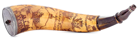 AntiqueDigest's tweet image. Undated powder horn inscribed “Great Britain’s Wealth &amp;amp; Glory” and the name “Iohn Walken.” Attributed to the English maker known only as the “Master Carver,” it sold for $22,140 at Morphy Auctions @MorphyAuctions maineantiquedigest.com/stories/the-st… #antiques #antique #powderhorn #firearms