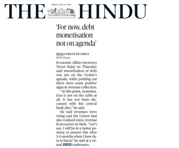 ficci_india's tweet photo. For now, debt monetisation not on agenda: @SecyDea Tarun Bajaj at #CAPAM2020 organized by @ficci_india.

https://t.co/TFmWPFmYVS https://t.co/Gz7a5TVf89