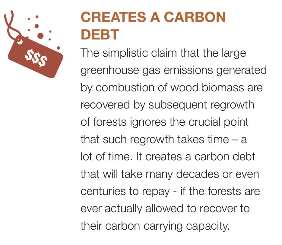 2/12 CREATES A CARBON DEBTThe simplistic claim that the large greenhouse gas (GHG) emissions generated by combustion of wood biomass are recovered by subsequent regrowth of forests ignores the crucial point that such regrowth takes time...