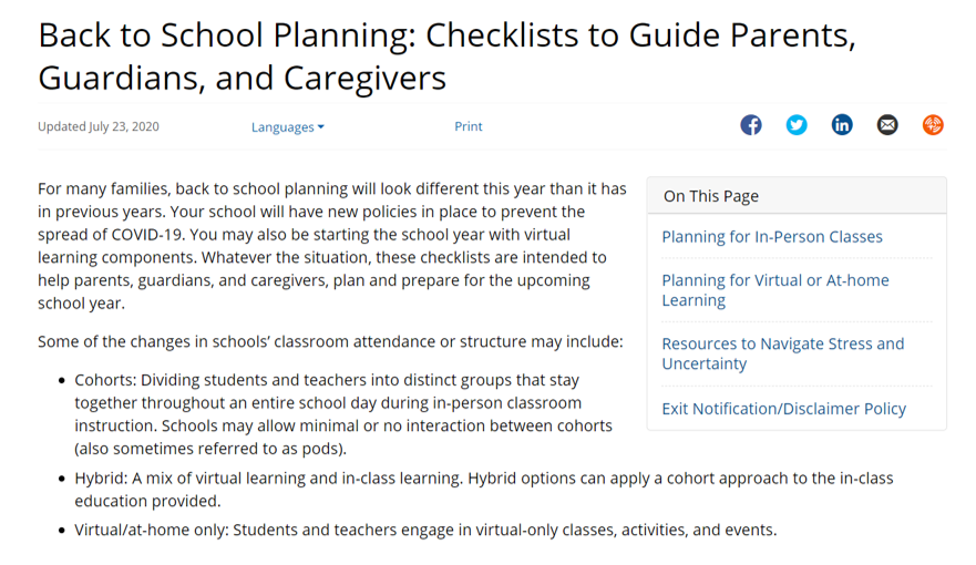 Here's a set of checklists for parents who are preparing for in-person schooling, remote learning, or a hybrid.  https://www.cdc.gov/coronavirus/2019-ncov/community/schools-childcare/parent-checklist.html