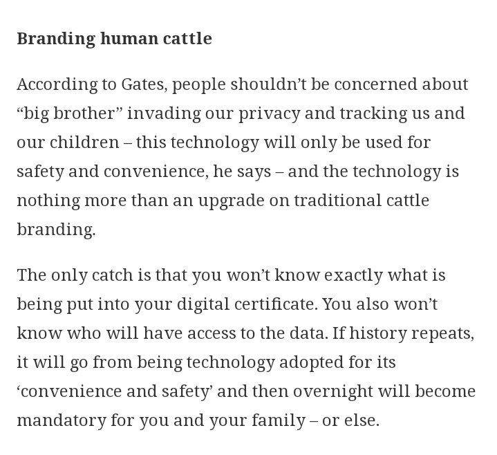 You know how in Europe your cats and dogs are chipped. That's what Bill Gates Aadhaar embedded quantum dot tatoo vaccine will do. Any official can beep you and track any information. Gates says we shouldn't worry as it's only an upgrade on cattle branding  https://twitter.com/Rita_Banerji/status/1241414026254364672?s=19