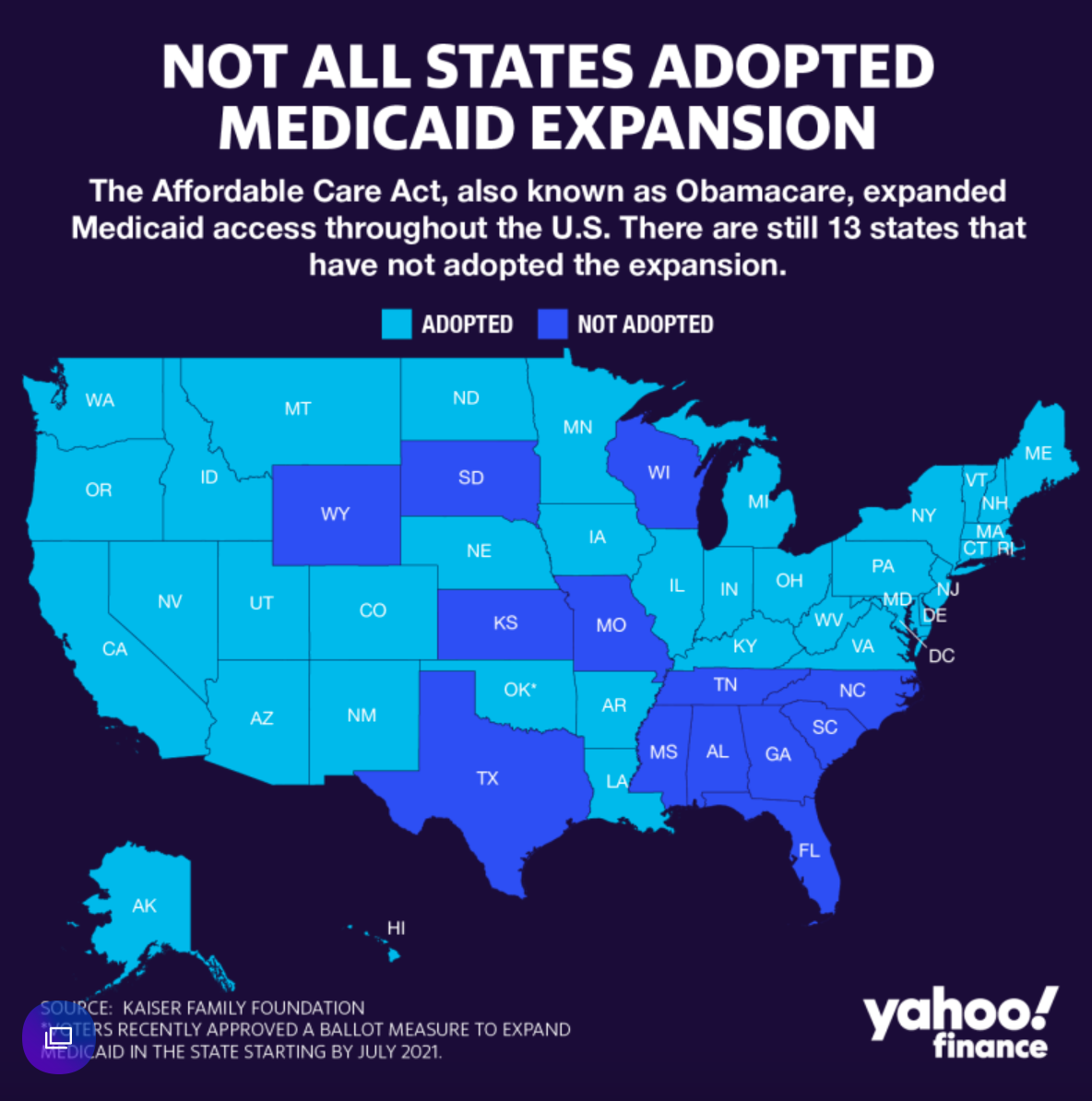 arengland's tweet photo. First time seeing an updated map of states that have expanded Medicaid since #sq802 passed. Love seeing #Oklahoma in the "adopted" color category! #medicaidexpansion https://t.co/1hn8oRZT4V