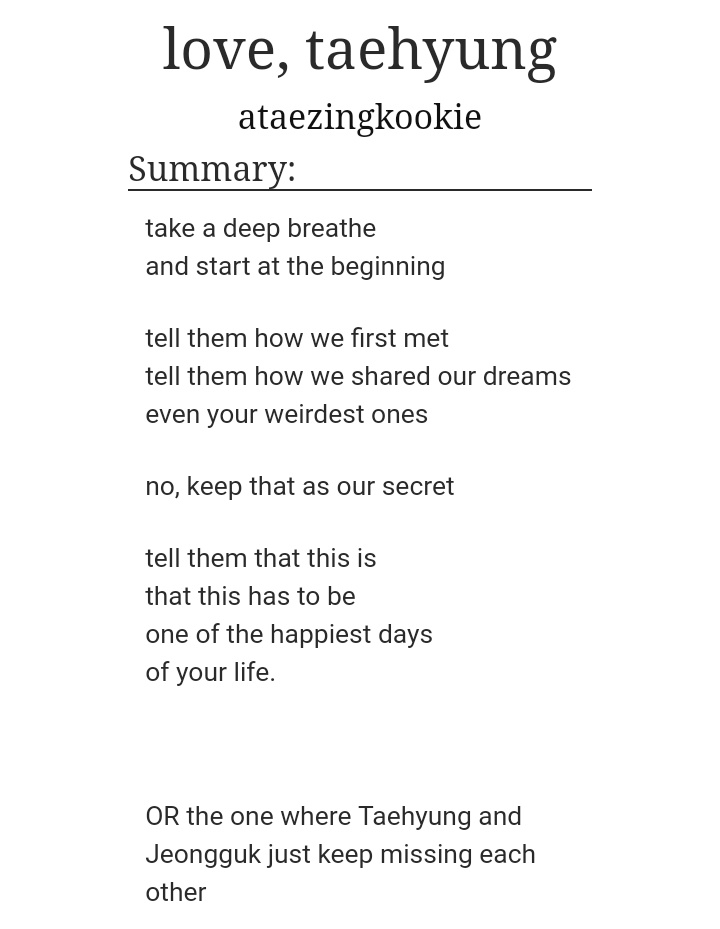 love, taehyung | 59k https://archiveofourown.org/works/953...