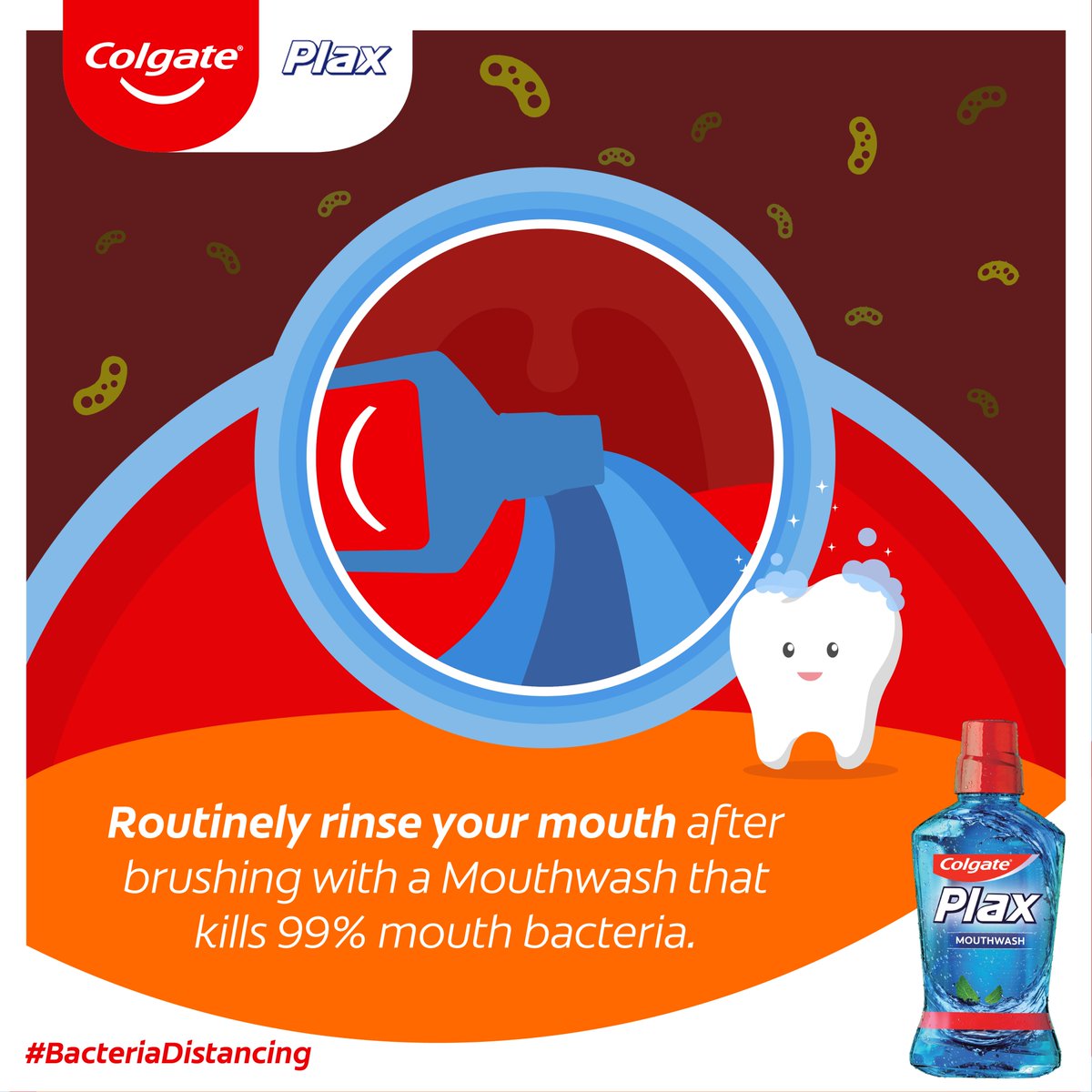ColgatePH's tweet photo. #BacteriaDistancing Tip: 
Did you know mouthwash isn’t just for keeping your breath fresh? It’s for overall oral health too! Using a mouthwash like Colgate Plax after  brushing ensures you kill up to 99% of bacteria in your mouth. https://t.co/dcL9F7YeBq