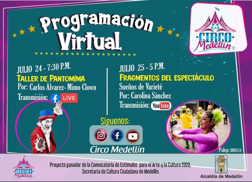 ¡Conoce  la programación virtual para esta semana. 𝗧𝗮𝗹𝗹𝗲𝗿 𝗱𝗲 𝗽𝗮𝗻𝘁𝗼𝗺𝗶𝗺𝗮 este viernes 𝟮𝟰 𝗱𝗲 𝗷𝘂𝗹𝗶𝗼 a las  𝟳:𝟯𝟬 𝗽.𝗺 con Carlos Álvarez- Mimo clown🤡!

.
.
.
.
#AlcaldiadeMedellin #programaciónvirtual #eventovirtual #tallergratis #diversión #payasos