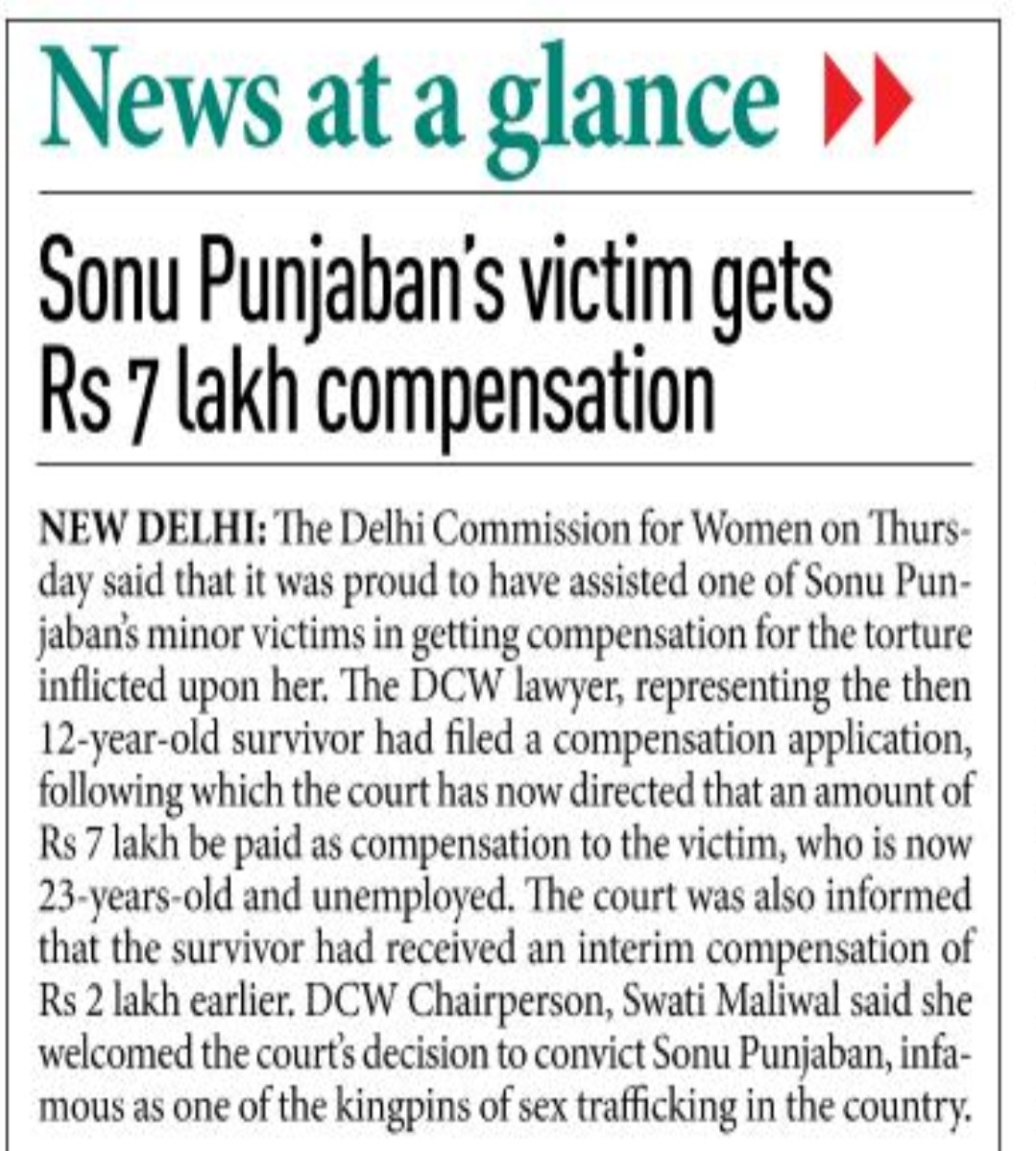 DCWDelhi's tweet photo. सोनू पंजाबन के रैकेट की शिकार बनी लड़की को दिल्ली महिला आयोग की सहायता से कोर्ट से मिला ₹7 लाख का मुआवज़ा। दिल्ली महिला आयोग कर रहा है पीड़िता के पुनर्वास के लिए प्रयास। https://t.co/8Neo6JgIP5