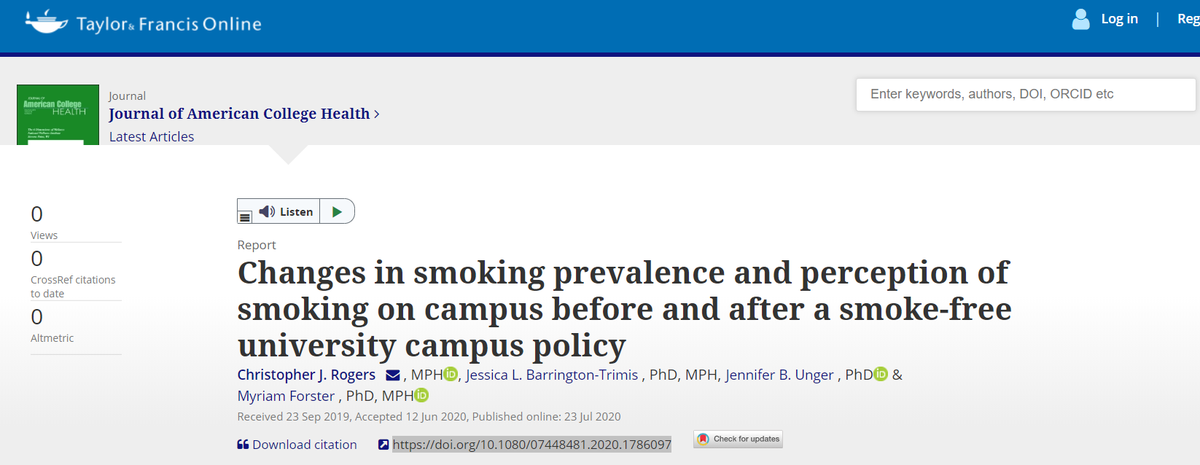 Rogers_C_J's tweet photo. Another one of our papers just came out this summer #smokingpolicy #collegehealth. Published with Journal of American College Health. Changes in smoking prevalence and perception of smoking on campus before and after a smoke-free university campus policy. https://t.co/BW2MiRLTnX https://t.co/vAJGOO4cxz