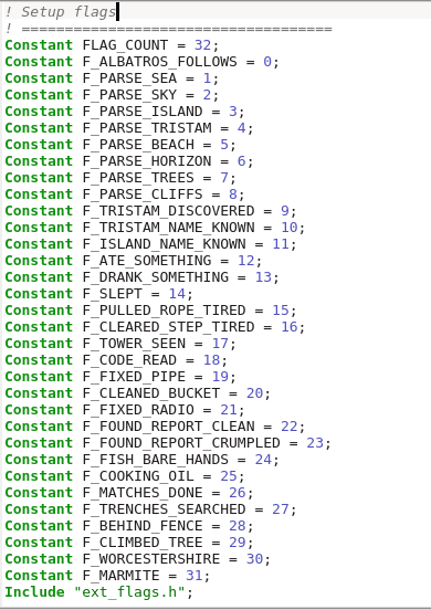 hlabrande's tweet photo. Working with flags in PunyInform to save space… Mild spoilers ahead, I guess! #retro #8bit #inform6 https://t.co/SAkWTecuKm