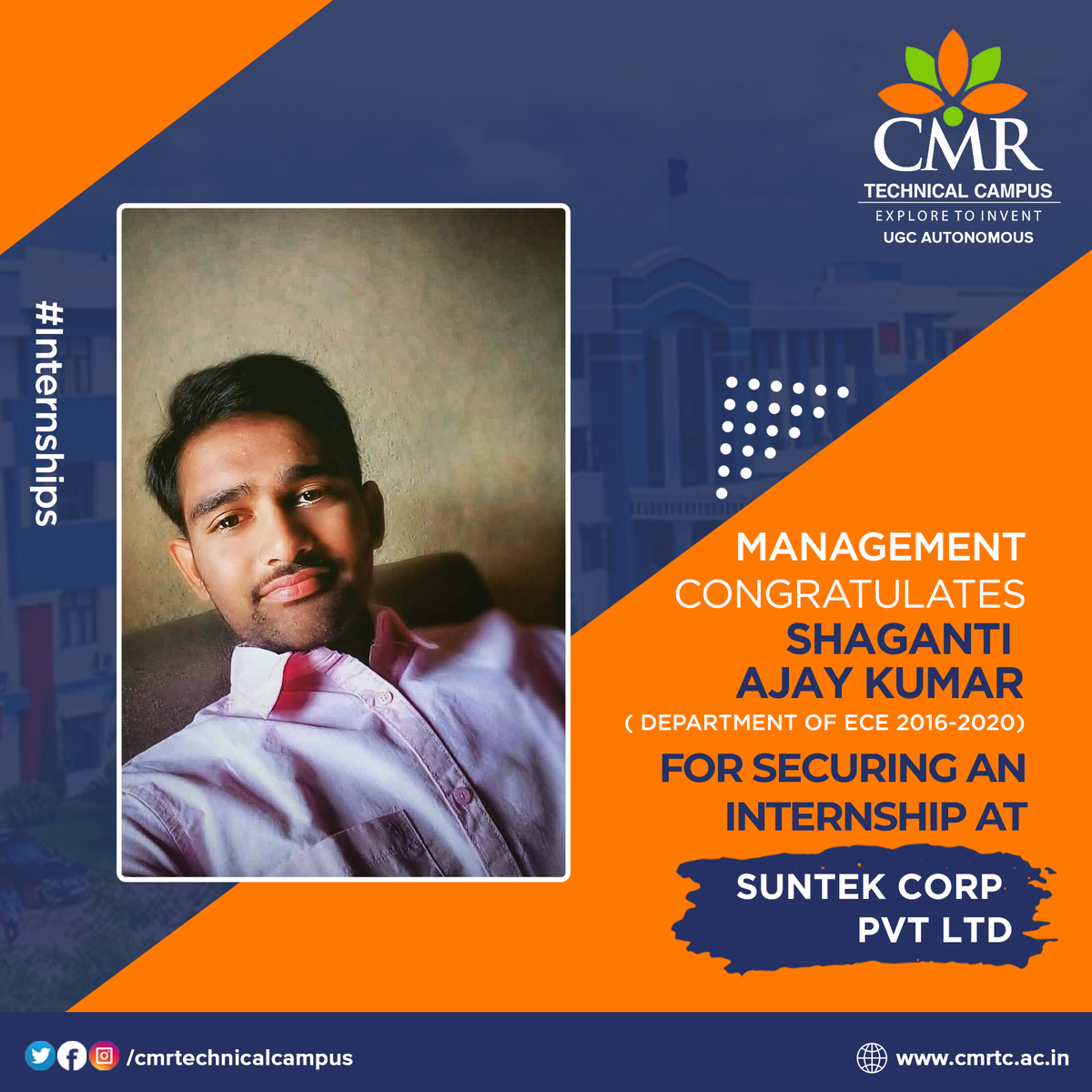 CMRTCofficial's tweet photo. #CMRTechnicalCampus #InternshipUpdates
CMR Technical Campus Congratulates Shaganti Ajay Kumar for securing an internship at Suntek Corp Pvt. Ltd.
We wish her all the best for her future and career prospects ahead !! https://t.co/QQM5yRyPyR
