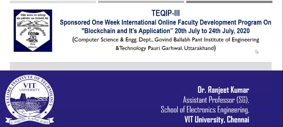 gbpietpauri's tweet photo. #Day5session1
#TEQIP sponsored one week online international #FDP on
#BlockchainforMultimedia by Prof. Ranjeet Kumar from #VITVallore https://t.co/aqZ25fQRV9