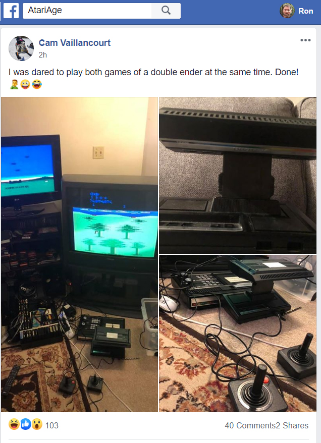 HeadcaseGames's tweet photo. Atari 2600 Xonox "double-ender" cartridge being played both sides at the same time. History has been made! attn @MikeJMika #atari2600 #atari #xonox #retrogaming https://t.co/D42bOHArmQ